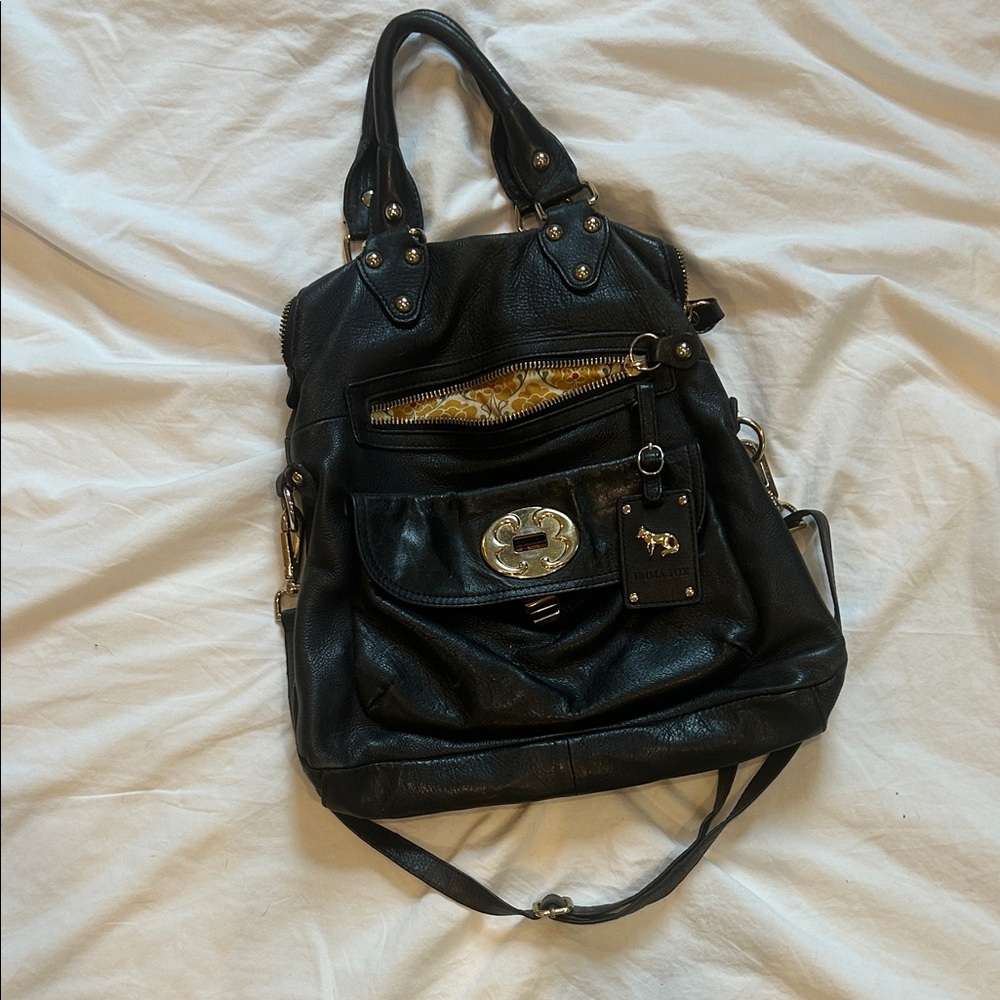 Emma Fox Black Leather Shoulder Bag with Gold Accents